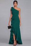 One Shoulder Black Bow Ruffle Evening Dress with Slit