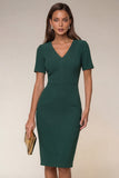 Navy V-Neck Pencil Short Sleeve Knee-Length Work Dress With Back Slit