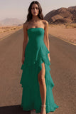 Strapless Ivory A Line Ruffled Long Wedding Dress with Slit