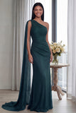 Navy One Shoulder Ruched Memaid Evening Dress