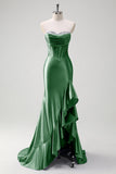 Sparkly Grey Blue Mermaid Ruffled Corset Strapless Satin Long Prom Dress with Slit