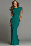 Navy Sheath Short Sleeve Bateau Neck Long Formal Dress