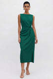 Orange Bateau Neck Sheath Ruched Midi Work Dress With Slit