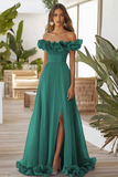 Off The Shoulder Blue A Line Formal Dress With Slit