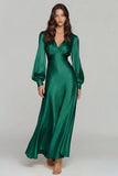 Champagne Long Sleeve V Neck Satin Formal Dress