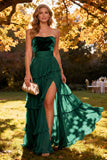 Strapless Khaki A Line Tiered Long Wedding Guest Dress With Slit