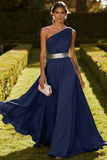 One Shoulder Olive A Line Long Wedding Guest Dress