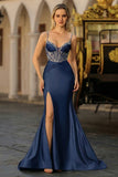 Sparkly Mermaid Satin Corset Dusty Blue Prom Dress