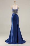Mermaid Corset Beaded Pink Satin Prom Dress