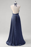 Royal Blue A Line Halter Pleated Long Prom Dress