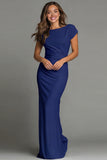 Navy Sheath Short Sleeve Bateau Neck Long Formal Dress