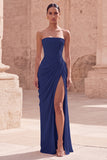 Light Pink Strapless Ruched Sheath Prom Dress with Slit