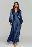 Champagne Long Sleeve V Neck Satin Formal Dress