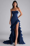 Black Mermaid Strapless Ruffled Formal Dress With Slit