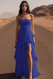 Strapless Ivory A Line Ruffled Long Wedding Dress with Slit
