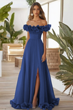 Off The Shoulder Blue A Line Formal Dress With Slit