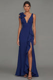 Dark Green Bow Ruffle V-Neck Evening Dress With Slit