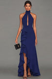 Black Halter Long Evening Dress With Ruffle Slit