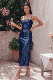 Sparkly Sheath Gold Spaghetti Straps Midi Dress