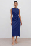 Orange Bateau Neck Sheath Ruched Midi Work Dress With Slit