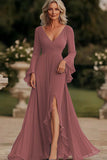 Dark Grey A Line Wrap Long Sleeves Ruffled Chiffon Mother of the Bride Dress