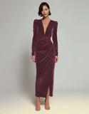 Olive Velvet V Neck Bodycon Midi Formal Dress