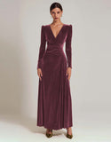 Olive Velvet Long Sleeve A Line Formal Dress