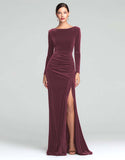 Burgundy Velvet Long Sleeve Holiday Party Dress with Slit