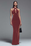 Halter Velvet Dark Green Mermaid Formal Dress with Slit