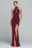 Halter Burgundy Velvet Mermaid Formal Dress with Slit