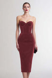 Strapless Velvet Corset Burgundy Midi Holiday Party Dress