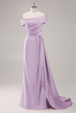 Champagne Mermaid Off the Shoulder Satin Evening Dress with Streamer