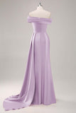Champagne Mermaid Off the Shoulder Satin Evening Dress with Streamer