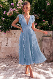 Dusty Rose V Neck A Line Pleated Midi Wedding Guest Dress