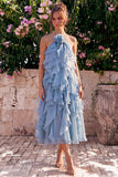 Lake Blue A Line 3D Flower Wedding Guest Dress with Ruffles