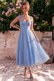 Light Blue A Line Corset Pleated Square Neck Wedding Guest Dress