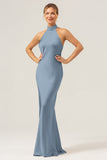 Dark Green Sheath High Neck Halter Backless Long Satin Bridesmaid Dress with Slit