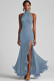 Halter Neck Ruffles Mermaid Black Maxi Formal Dress with Slit