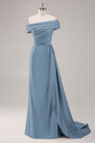 Champagne Mermaid Off the Shoulder Satin Evening Dress with Streamer