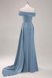 Champagne Mermaid Off the Shoulder Satin Evening Dress with Streamer