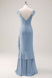 Dusty Sage Sheath V Neck Chiffon Long Bridesmaid Dress with Ruffles