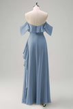 Light Green Sheath Strapless Chiffon Floor Length Bridesmaid Dress with Ruffle Slit