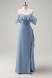 Light Green Sheath Strapless Chiffon Floor Length Bridesmaid Dress with Ruffle Slit