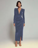 Olive Velvet V Neck Bodycon Midi Formal Dress