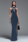 Halter Velvet Dark Green Mermaid Formal Dress with Slit
