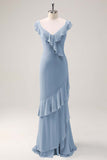 Dusty Sage Sheath V Neck Chiffon Long Bridesmaid Dress with Ruffles