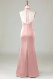 Dark Green Halter V Neck Open Back Satin Mermaid Long Bridesmaid Dress