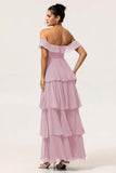 Dusty Blue A-Line Off The Shoulder Tiered Pleated Chiffon Long Bridesmaid Dress
