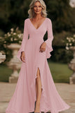 Dark Grey A Line Wrap Long Sleeves Ruffled Chiffon Mother of the Bride Dress