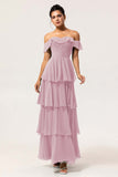 Dusty Blue A-Line Off The Shoulder Tiered Pleated Chiffon Long Bridesmaid Dress